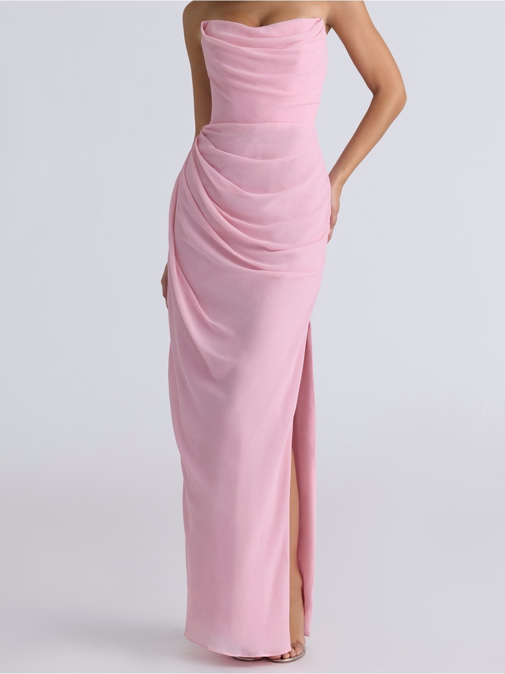Strapless Pink Draped Evening Gown